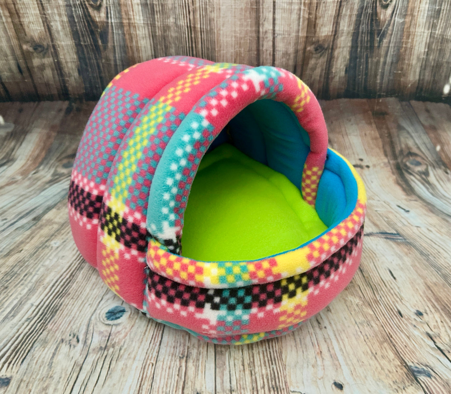 Multi Tartan Fleece Piggie Cave / Turquoise + Pad - Pampered Piggies Boutique