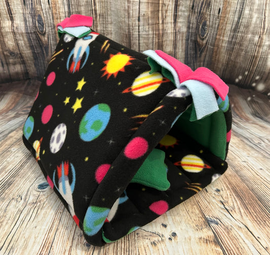 Space Planets Fleece Guinea Pig Tent /  Emerald + Pillow