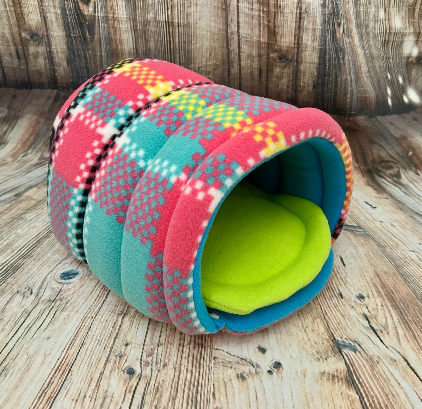 Multi Tartan Fleece Piggie Den / Turquoise + Pad - Pampered Piggies Boutique